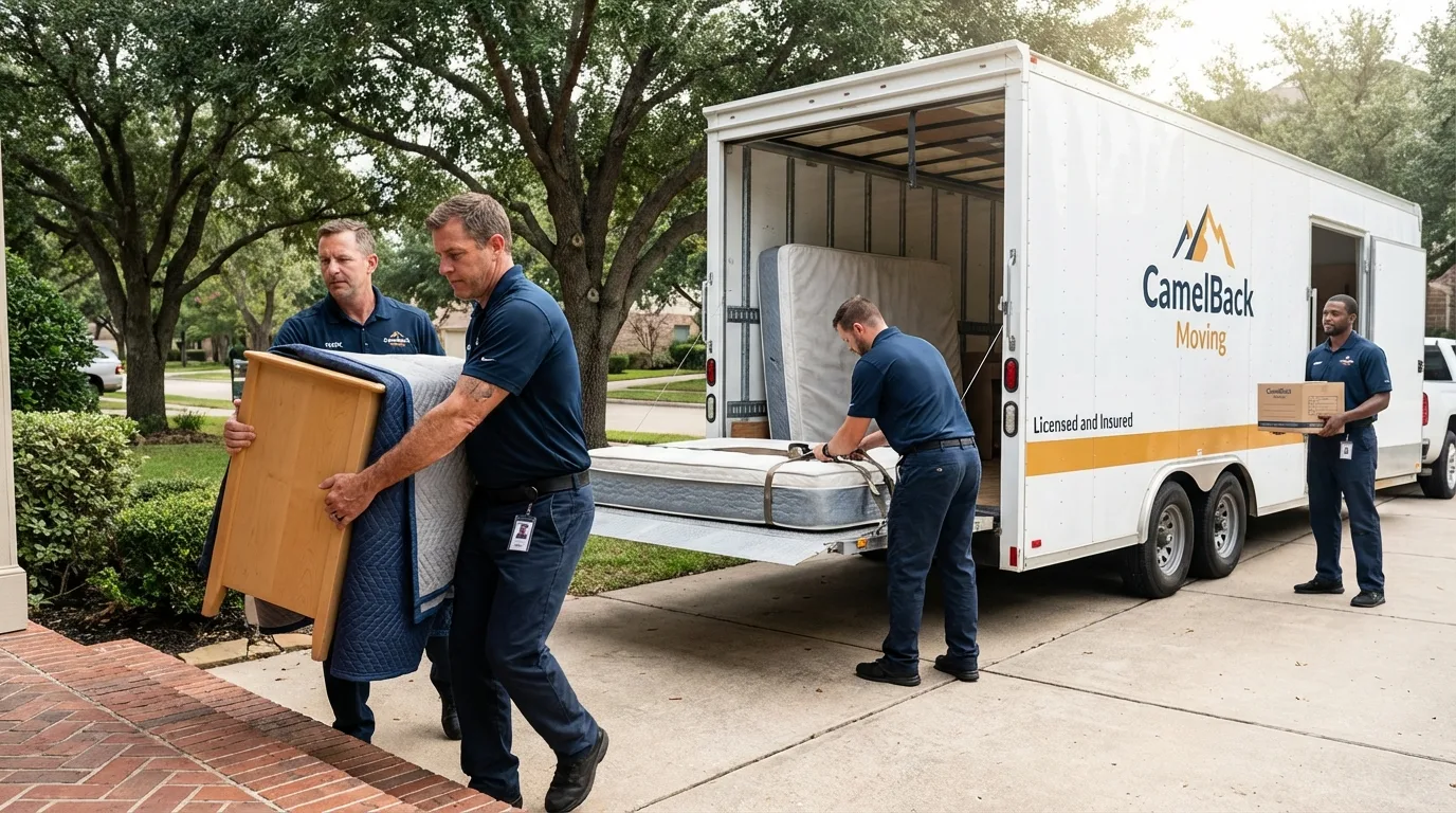 Crew loading residential truck for cross-state move from El Dorado, AR