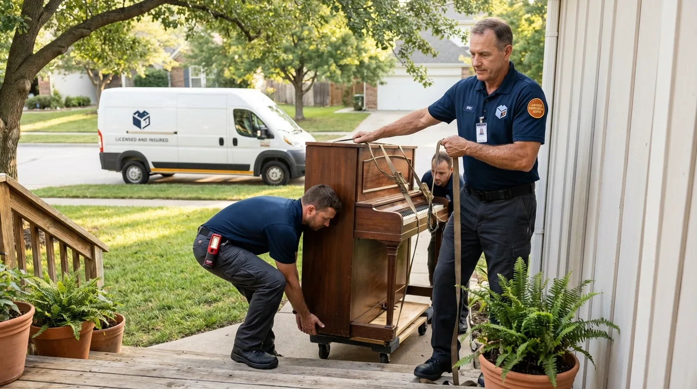 Licensed piano movers securing grand piano in El Dorado, AR