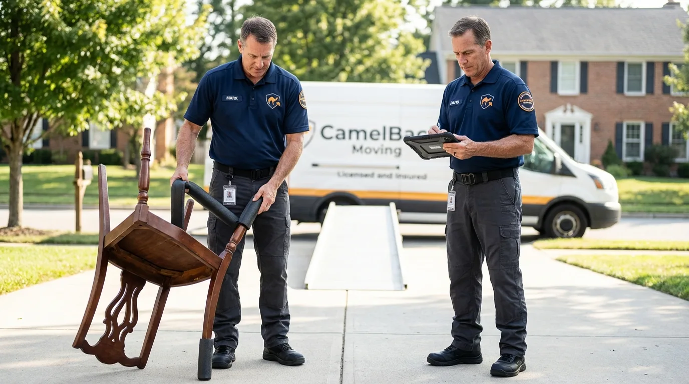 Movers inspecting furniture for damage prevention before loading in El Dorado, AR