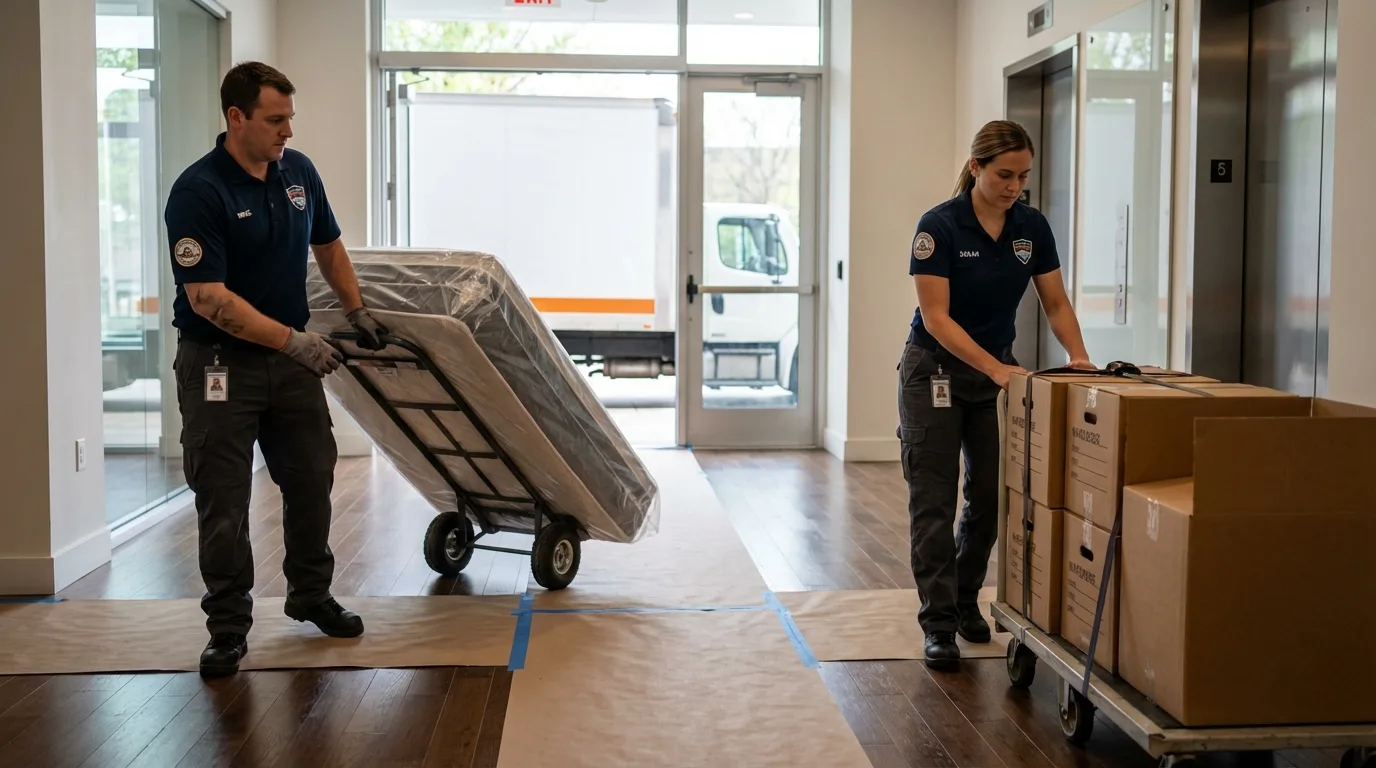 Professional apartment movers loading elevator in El Dorado, AR